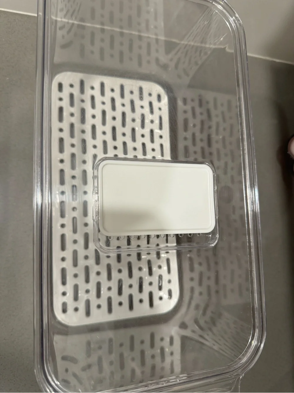 Clear Plastic Kitchen Storage Container with White Drain Tray